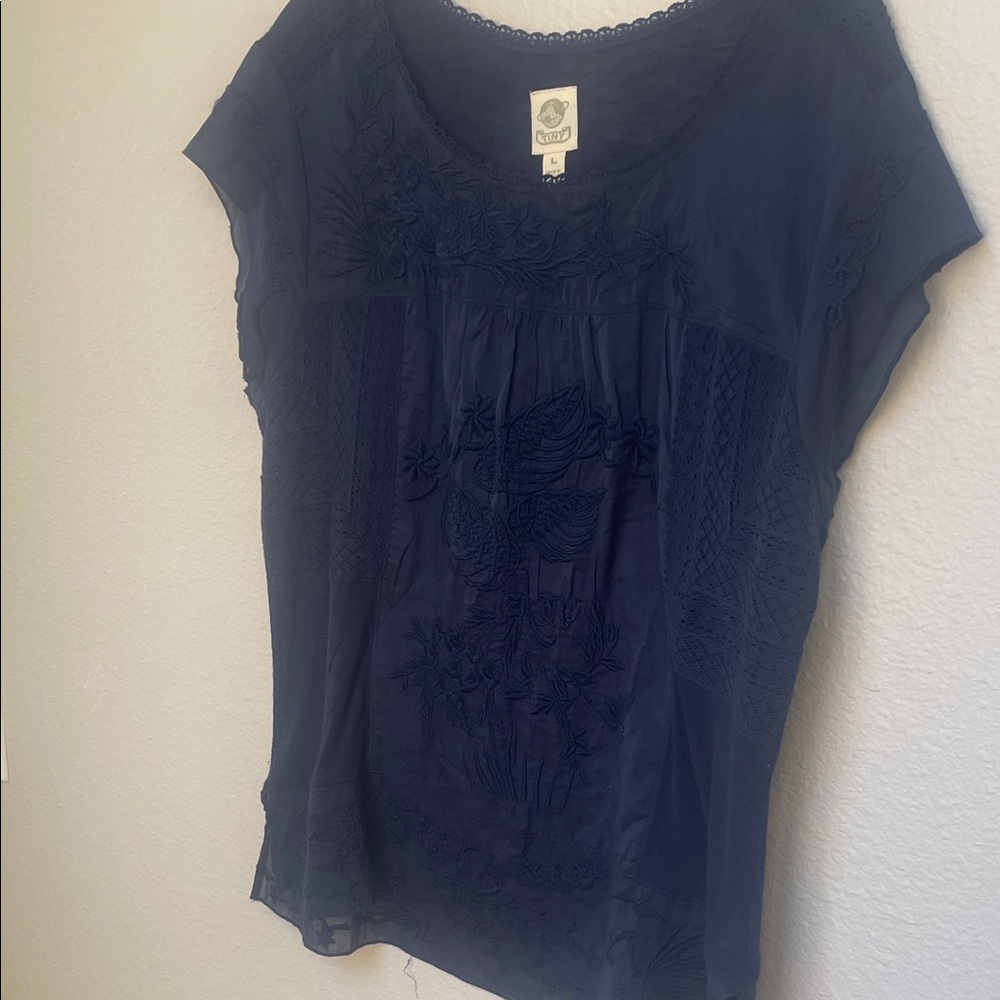 Anthropologie Navy Blue Embroidered Cap Sleeve Blouse
